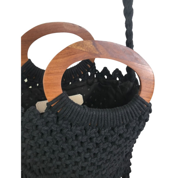 Danielle Nicole Women's Black Boho Macrame Wooden Handle Crossbody Bag Chic Knit - Picture 6 of 10